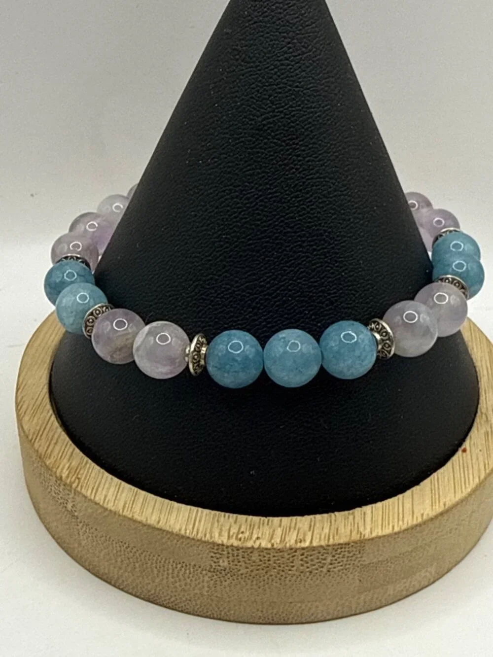 Pastel Beaded Stacking Bracelet Lavender & Light Blue Silver Tone Balinese Detai